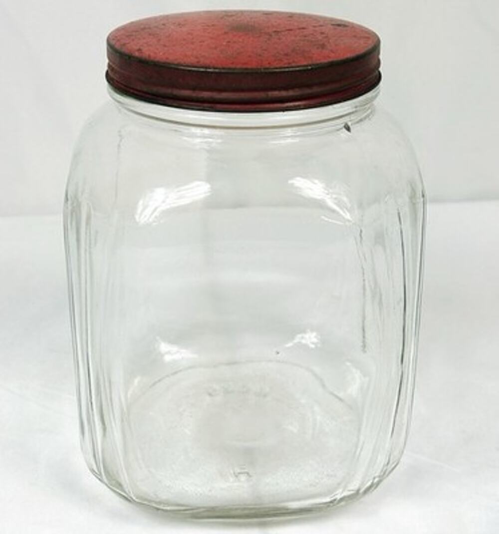 Vtg Hazel Atlas 3238 Hoosier Cabinet Paneled Glass Cracker Jar Canister Red Lid